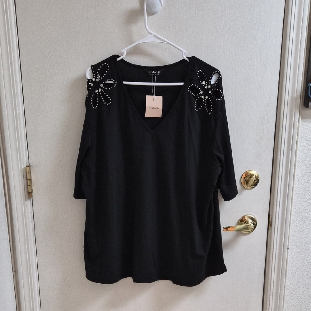 BloomChic Black Blouse with Floral Stud Accents